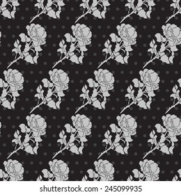 Elegant seamless pattern in black silver colors with decorative rose flowers, design elements. Floral pattern for invitations, greeting cards, scrapbooking, print, gift wrap, manufacturing