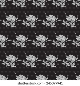 Elegant seamless pattern in black silver colors with decorative peony flowers, design elements. Floral pattern for invitations, greeting cards, scrapbooking, print, gift wrap, manufacturing