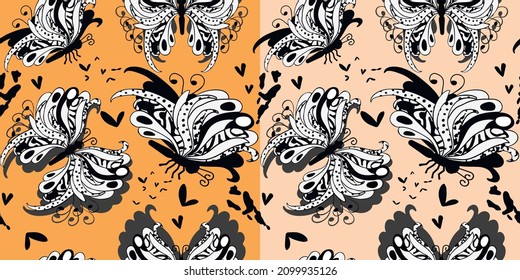 Elegantes, nahtloses Muster mit abstrakten schwarz-weißen Schmetterlingen und Flecken in handgezeichnet Stil.Perfekt für Design-Hintergründe, Wickelpapier, Stoff, Tapete, Cover.Vektorgrafik.