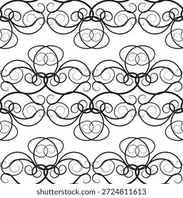 Elegante patrón sin fisuras con pergaminos de hierro forjado negro y filigrana sobre un fondo blanco, perfecto para el Fondo de pantalla victoriano, textiles de lujo y papelería de boda formal.