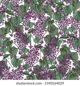 Elegant seamless pattern with blooming lilacs. Branches with flowers and leaves. Hand drawing spring background. For textiles, packaging, fabrics, 