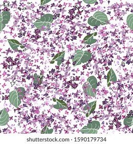 Elegant seamless pattern with blooming lilacs. Branches with flowers and leaves. Hand drawing spring background. For textiles, packaging, fabrics, 