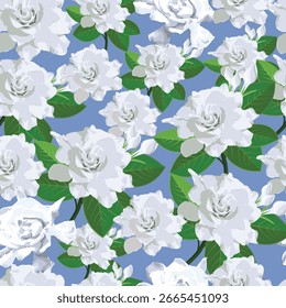 Elegante patrón sin fisuras de gardenias blancas en flor con hojas verdes sobre un fondo azul claro, perfecto para la tela, el Fondo de pantalla y los diseños decorativos
