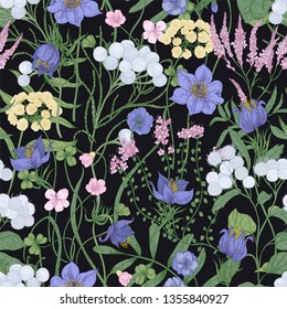 Elegant seamless pattern with blooming wild flowers on black background. Backdrop with flowering herbaceous perennial plants and meadow wildflowers. Botanical vector illustration in antique style.