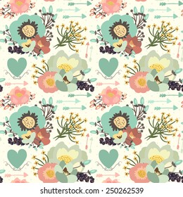 Elegant seamless pattern with blossom flowers, hearts and arrows