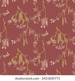 Elegante patrón impecable de ramas florecientes sobre fondo borgoñoso. Impresión floral de lujo de estilo chino.