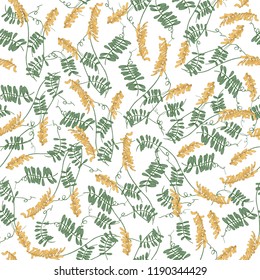 Elegant seamless pattern with blossoming tufted vetch flowers and leaves on white background. Natural backdrop with wildflowers and herbs. Botanical vector illustration for fabric print, wallpaper.