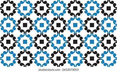 Elegant seamless pattern with blue and black ornamental curls forming a lattice grid on white background