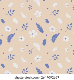 Elegant seamless pattern with blue floral silhouettes and leaves on beige background. ideal for fabric, wallpapers, wrapping paper and digital art.