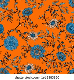 Elegantes, nahtloses Muster von blauen Blumen von Chrysanthemen und Gerberen, Zweigen und Blättern auf orangefarbenem Hintergrund. Vektorillustration-Illustration mit Blumenverzierungen.