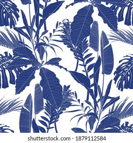 Elegant seamless pattern with blue hand drawn line tropical leaves and flowers. Floral pattern. Vintage blue white background.