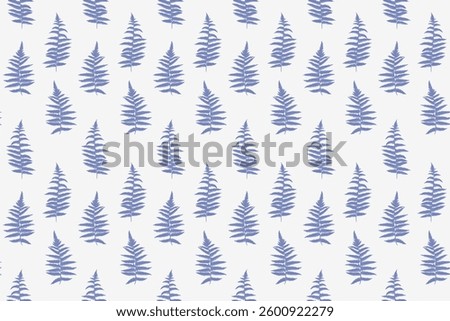 Elegant seamless pattern of blue minimalistic fern leaves in on a white background. Ideal for natural ornament designs,  fabric prints, wallpapers, and stationery.