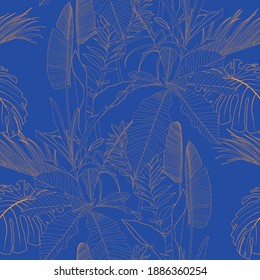 Elegant seamless pattern with blue orange hand drawn line tropical leaves and flowers. Floral pattern. Vintage blue orange line background.
