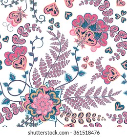 Elegant seamless pattern with blue pink fantasy flowers and leaves  on  the white background.