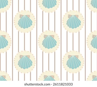 Elegant seamless pattern with blue scallop shells in round medallions. Soft pastel colors. Perfect for fabric, wallpaper, and vintage-themed designs