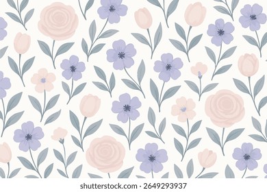 Elegante padrão sem emenda com rosas vermelhas, flores de lavanda e tulipas pálidas em um fundo de creme. Macio, mínimo e perfeito para design têxtil e de papel