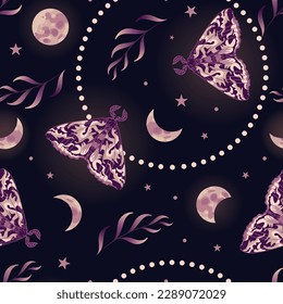 Elegant seamless pattern in boho style with herbs and butterflies. Magic background with purple space elements, star, moon. Halloween, witchcraft, astrology, mysticism. For wallpaper, fabric, wrapping