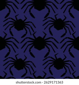 Elegant seamless pattern with bold black spider silhouettes set against a rich navy blue background. This sophisticated design is ideal for Halloween decor, gothic fashion, dark-themed textiles
