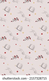 Elegant seamless pattern with book, plant, design elements. Boho style template for invitations, cards, print, gift wrapping, production, textile, fabric, wallpaper. Linear style with light color.