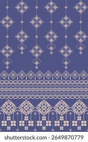 Elegant seamless pattern and border elements in purple and beige. Features delicate floral and geometric motifs linked vertically. Versatile design ideal for fabric printing, backgrounds, decorative.