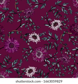 Elegant seamless pattern of bordo flowers of chrysanthemums and gerberas, twigs and leaves on a purple background. Vector illustration with floral ornaments.