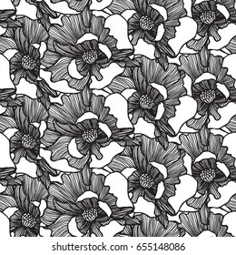 Elegant seamless pattern with bouquets of flowers on a background. Vector monochrome illustration. 