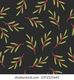 Elegant seamless pattern with branch of green leaves and red berries on dark background. Christmas vector design.
