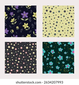 Elegant seamless pattern bundle featuring floral and polka dot designs in dark and neutral tones, ideal for fabric, gift wrap and surface decoration. vector eps.