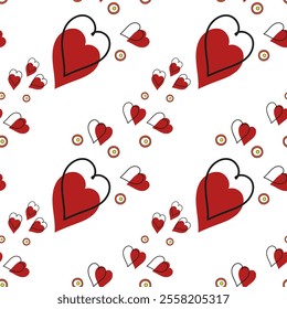 Elegant seamless pattern with burgundy hearts, circles and love symbols