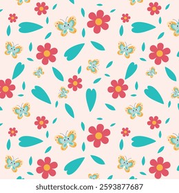 Elegant Seamless Pattern of Butterflies, Blossoms, and Foliage