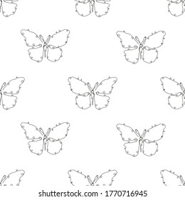 Elegante y sin fisuras con mariposas, elementos de diseño. Patrón de insectos para invitaciones, tarjetas, impresión, envoltura de regalo, manufactura, textiles, tela, papel pintado. Estilo de arte de línea continuo