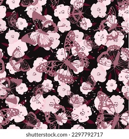 Elegant seamless pattern with butterflies on abstract flowers, design elements. Modern flower and butterfly design for paper, cover, fabric, interior decor and other users.