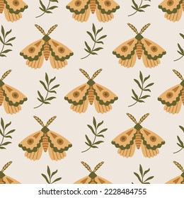 Elegant seamless pattern with butterfly. Cute Boho seamless background with nature elements moth and twig. Aesthetics Provence repeat vector illustration for woman, girl, greeting card