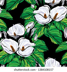 Elegant seamless pattern with calla flowers, design elements. Floral  pattern for invitations, cards, print, gift wrap, manufacturing, textile, fabric, wallpapers