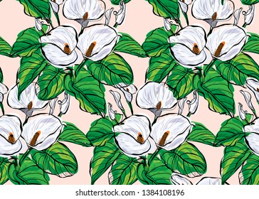 Elegant seamless pattern with calla flowers, design elements. Floral  pattern for invitations, cards, print, gift wrap, manufacturing, textile, fabric, wallpapers