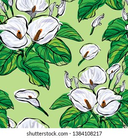 Elegant seamless pattern with calla flowers, design elements. Floral  pattern for invitations, cards, print, gift wrap, manufacturing, textile, fabric, wallpapers