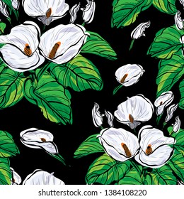 Elegant seamless pattern with calla flowers, design elements. Floral  pattern for invitations, cards, print, gift wrap, manufacturing, textile, fabric, wallpapers