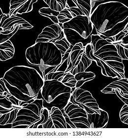 Elegant seamless pattern with calla flowers, design elements. Floral  pattern for invitations, cards, print, gift wrap, manufacturing, textile, fabric, wallpapers