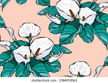 Elegant seamless pattern with calla flowers, design elements. Floral  pattern for invitations, cards, print, gift wrap, manufacturing, textile, fabric, wallpapers