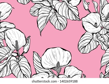 Elegant seamless pattern with calla flowers, design elements. Floral  pattern for invitations, cards, print, gift wrap, manufacturing, textile, fabric, wallpapers