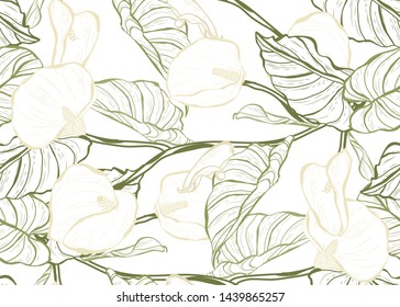 Elegant seamless pattern with calla flowers, design elements. Floral  pattern for invitations, cards, print, gift wrap, manufacturing, textile, fabric, wallpapers