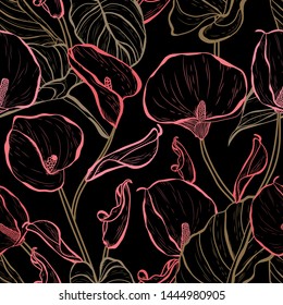 Elegant seamless pattern with calla flowers, design elements. Floral  pattern for invitations, cards, print, gift wrap, manufacturing, textile, fabric, wallpapers