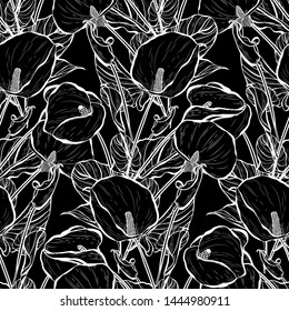 Elegant seamless pattern with calla flowers, design elements. Floral  pattern for invitations, cards, print, gift wrap, manufacturing, textile, fabric, wallpapers