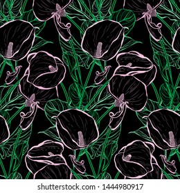 Elegant seamless pattern with calla flowers, design elements. Floral  pattern for invitations, cards, print, gift wrap, manufacturing, textile, fabric, wallpapers