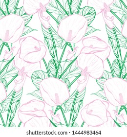 Elegant seamless pattern with calla flowers, design elements. Floral  pattern for invitations, cards, print, gift wrap, manufacturing, textile, fabric, wallpapers