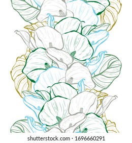 Elegant seamless pattern with calla flowers, design elements. Floral  pattern for invitations, cards, print, gift wrap, manufacturing, textile, fabric, wallpapers