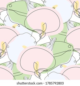 Elegante y sin fisuras con flores de calila, elementos de diseño. Patrón floral para invitaciones, tarjetas, impresiones, envoltura de regalo, manufactura, textiles, tela, papel pintado. Estilo de arte de línea continuo