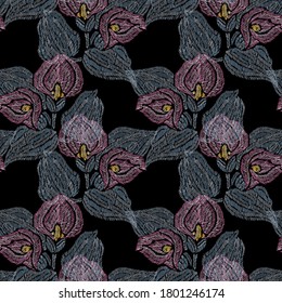 Elegant seamless pattern with calla flowers, design elements. Floral  pattern for invitations, cards, print, gift wrap, manufacturing, textile, fabric, wallpapers. Embroidery style
