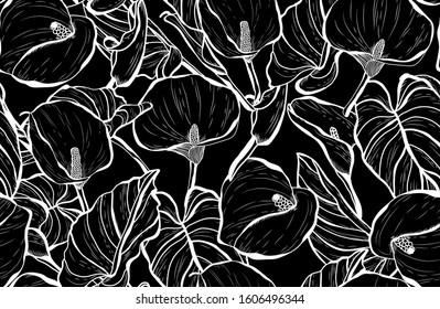 Elegant seamless pattern with calla lily flowers, design elements. Floral  pattern for invitations, cards, print, gift wrap, manufacturing, textile, fabric, wallpapers