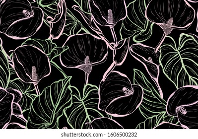 Elegant seamless pattern with calla lily flowers, design elements. Floral  pattern for invitations, cards, print, gift wrap, manufacturing, textile, fabric, wallpapers